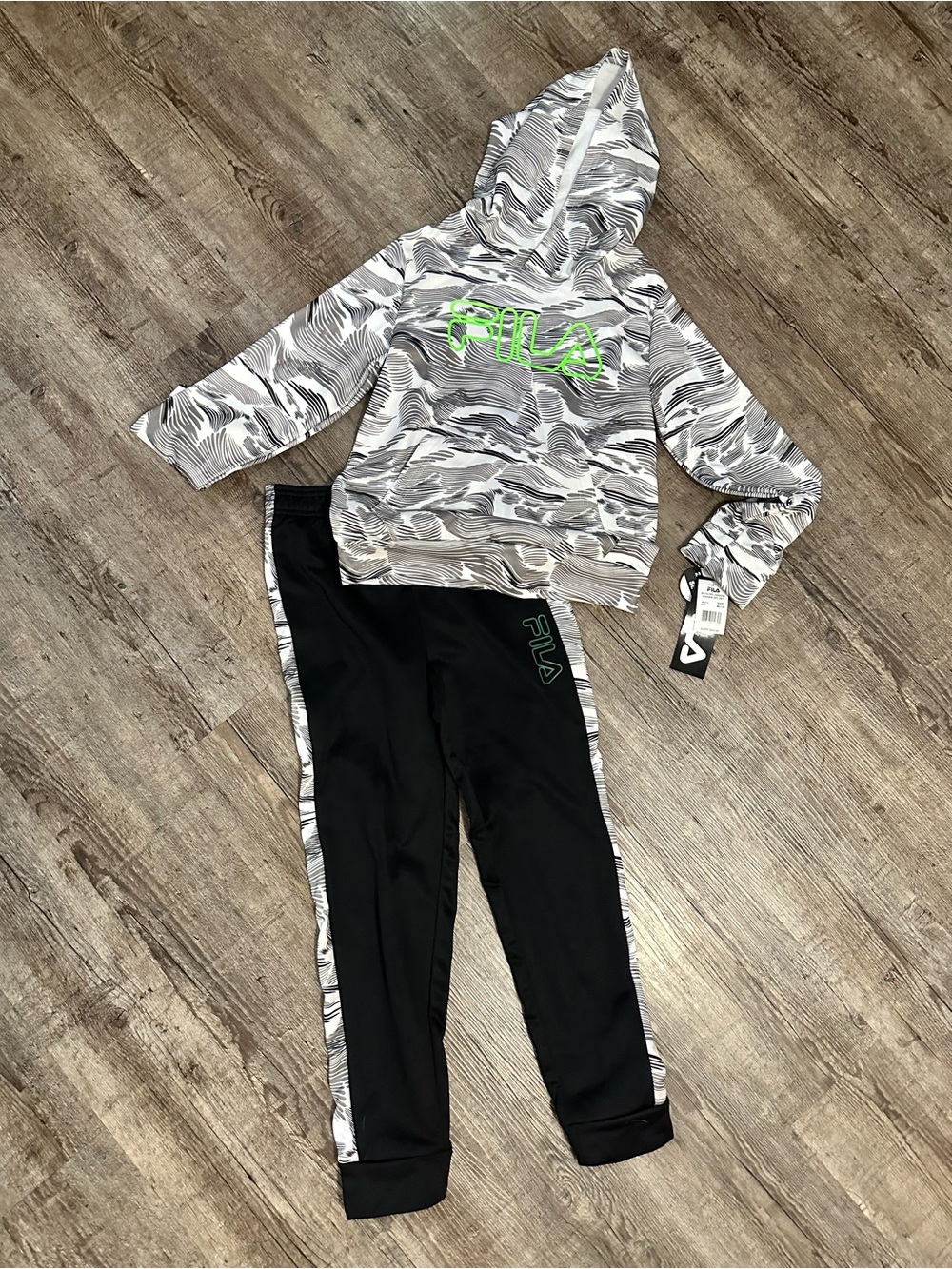 Fila Kids Grey Camo Hoodie & Black Joggers with Neon Green Logo